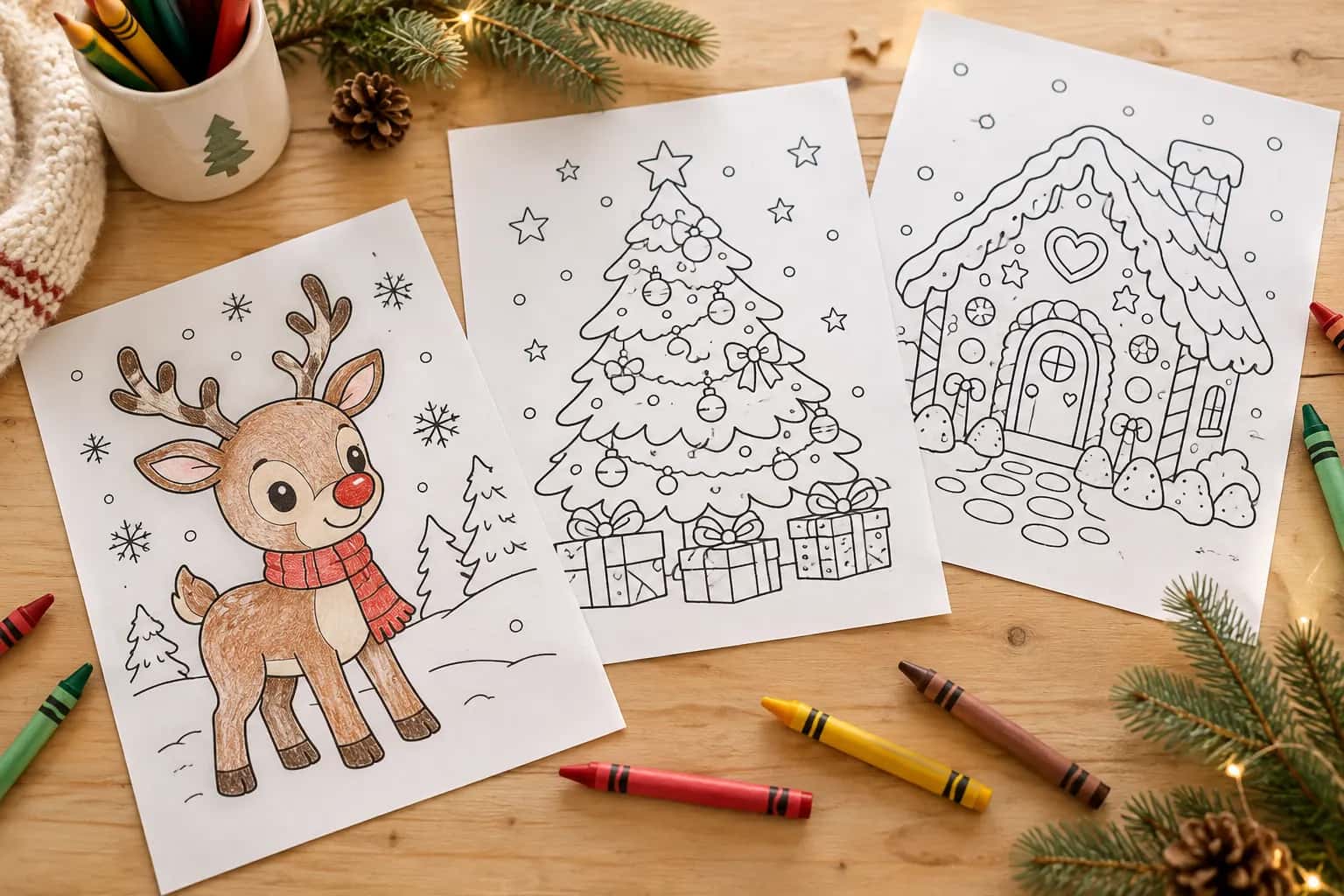 Christmas coloring pages with crayons