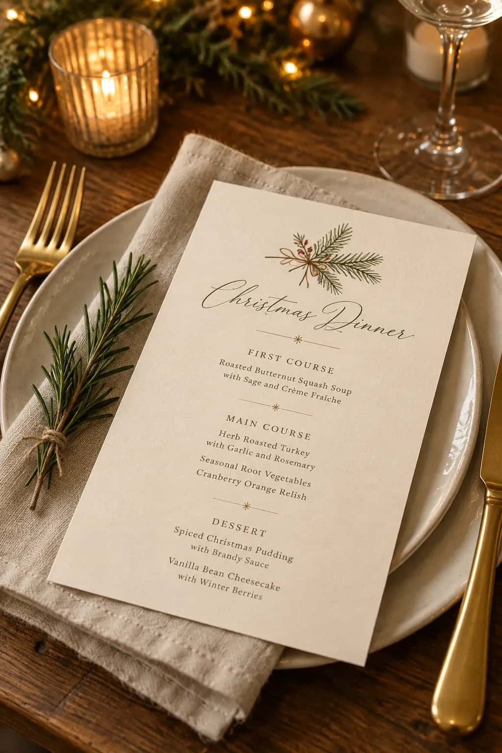 Christmas dinner menu card on a set table