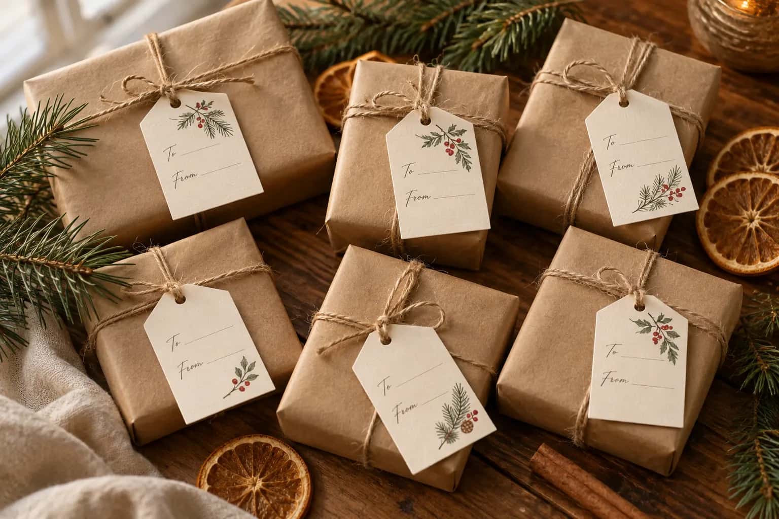 Printable gift tags on kraft-wrapped presents
