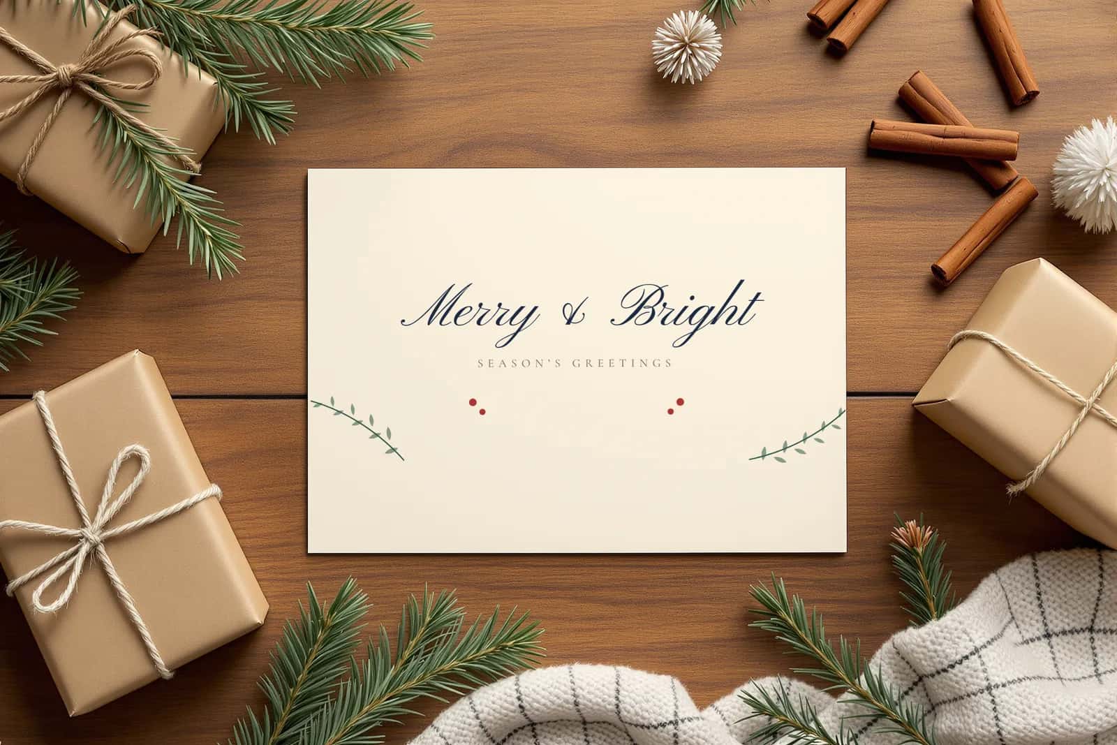 Holiday card among wrapped gifts