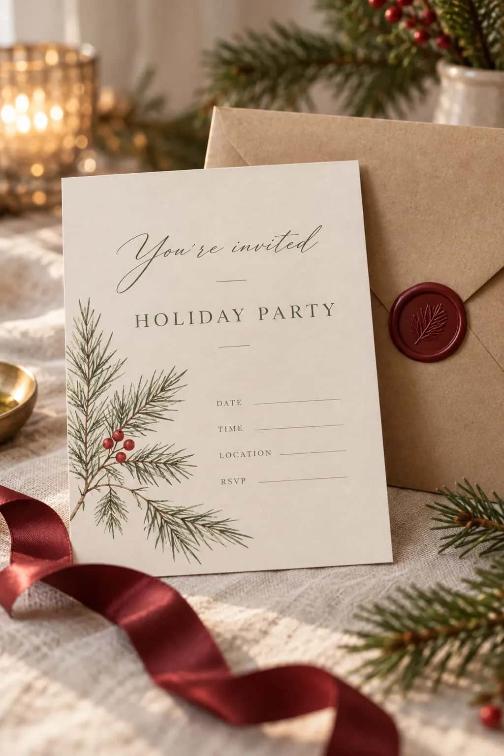 Holiday party invitation with a red wax seal
