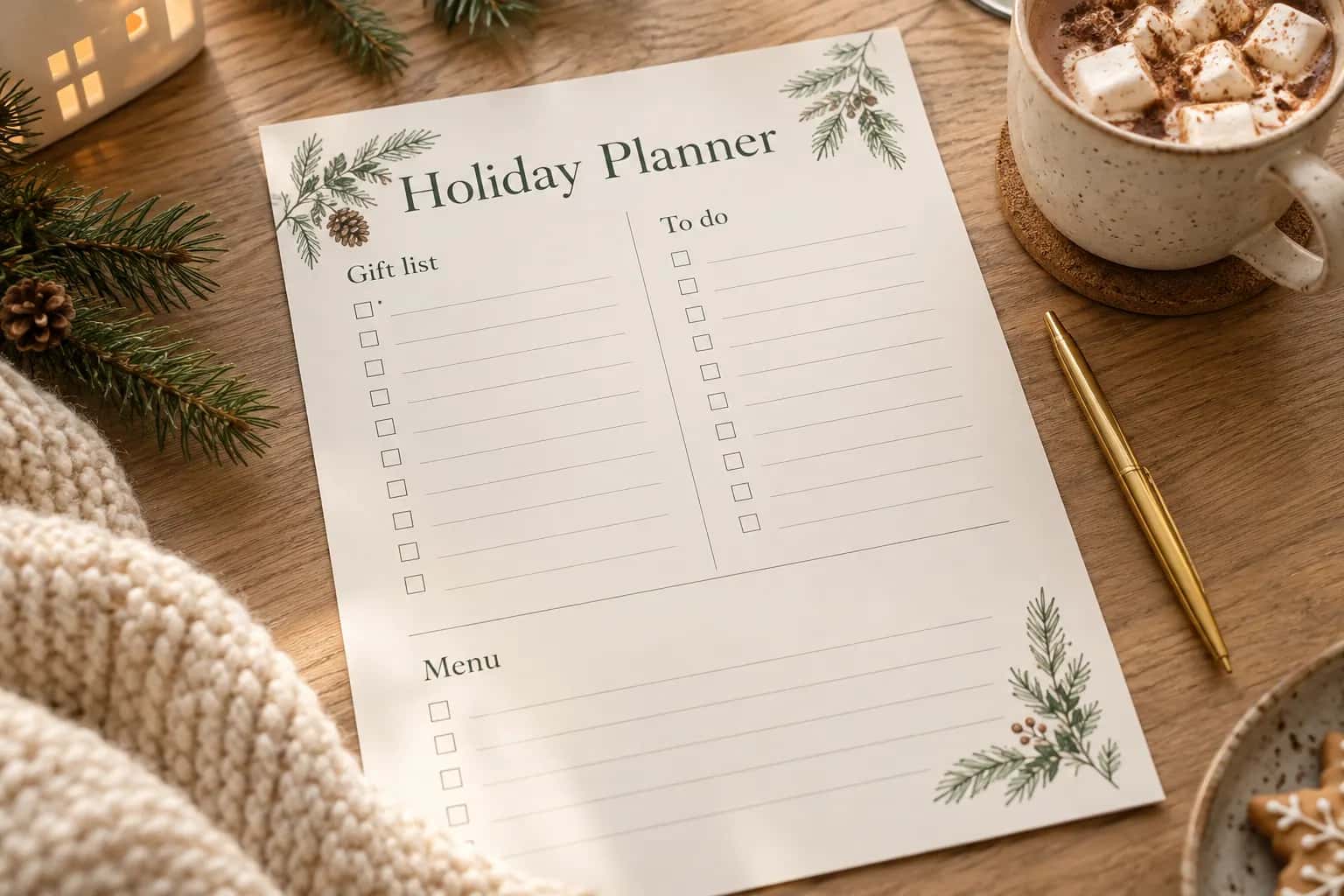 Holiday planner page next to hot cocoa