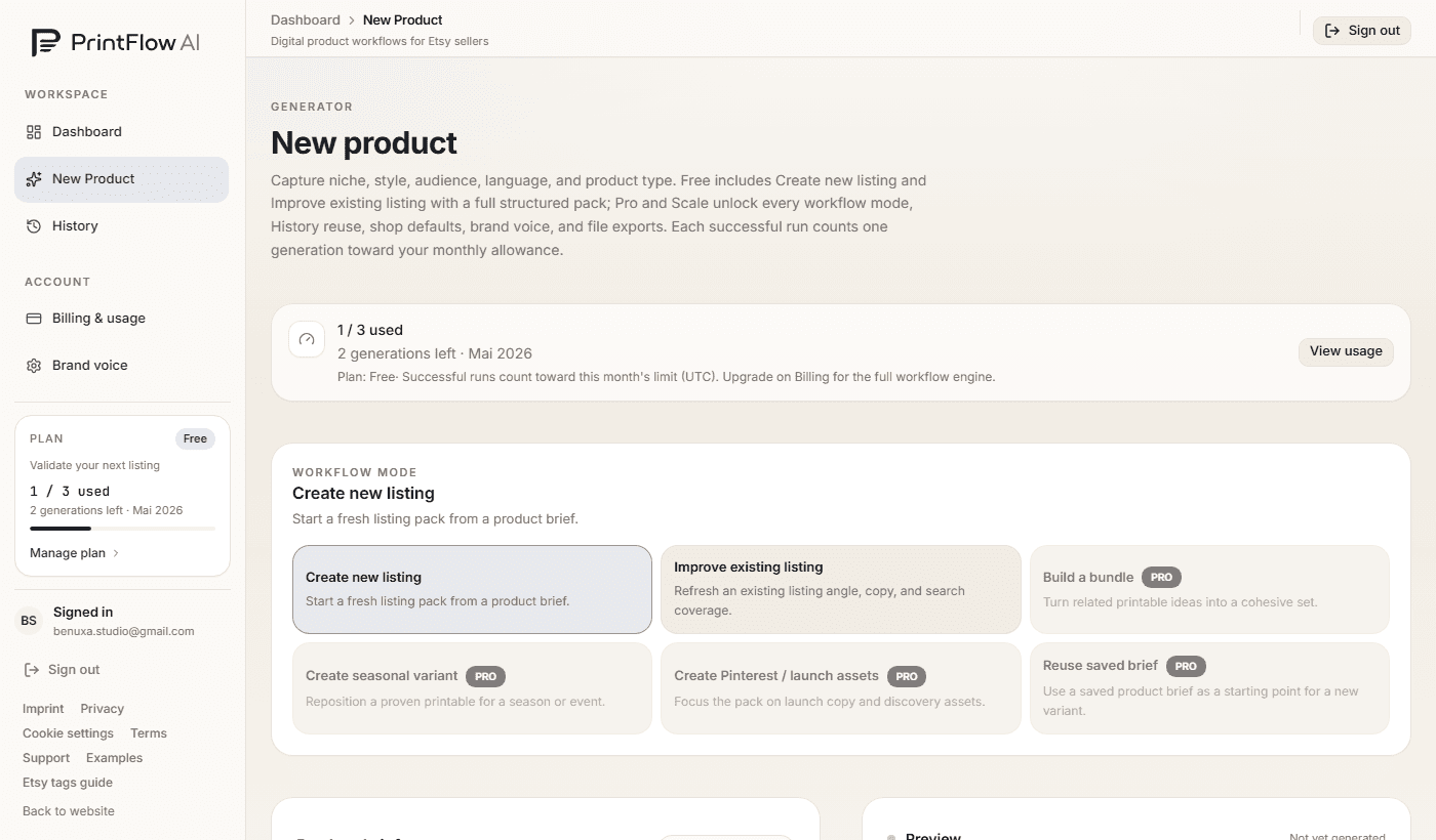 PrintFlow generator showing structured listing pack output